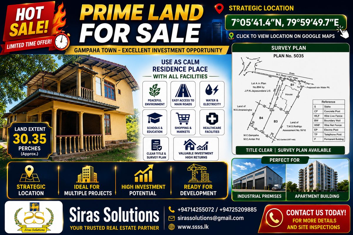 Prime land for sale in Gampaha Town — 30.5 perches, clear title, survey plan available