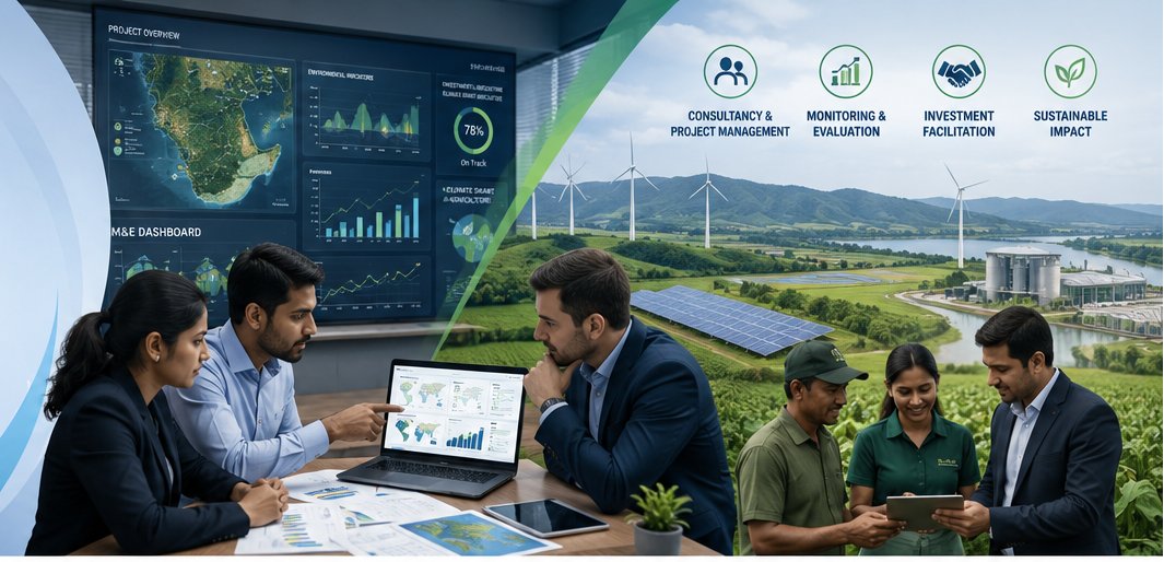 Consultancy and development project management team reviewing project dashboards and renewable-energy investment sites